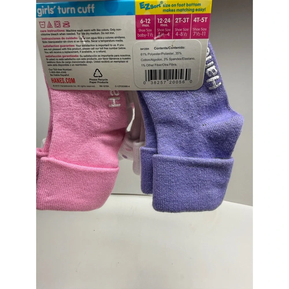 Hanes Girls Toddler Turn Cuff Socks 6 Pair Pack White Pink Purple 4T-5T NEW